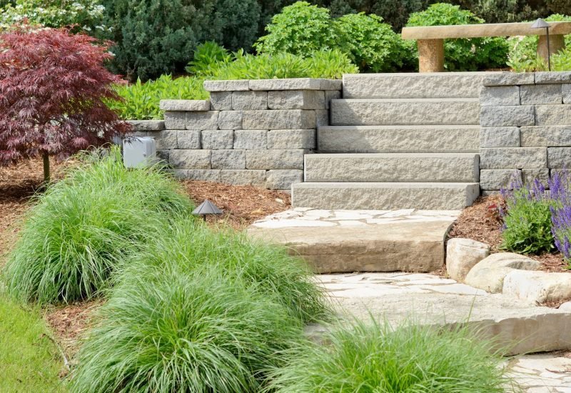 a retaining wall with stars in between surrounded by plants