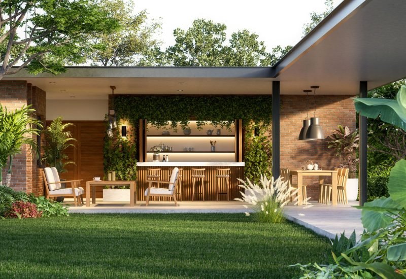 an industrial residential home with outdoor kitchen and patio