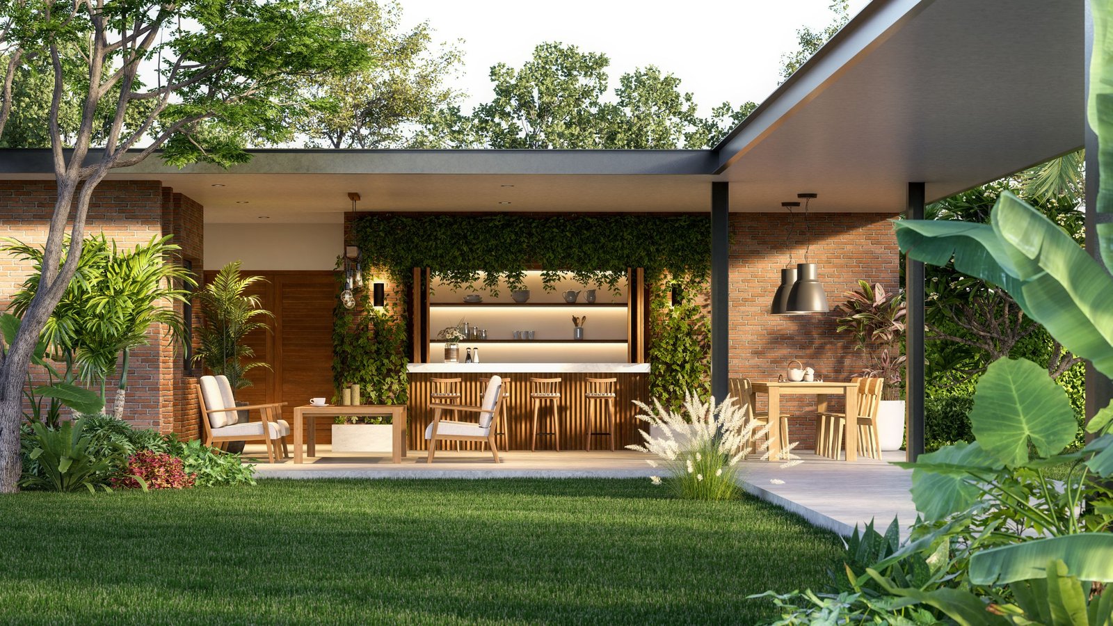 an industrial residential home with outdoor kitchen and patio