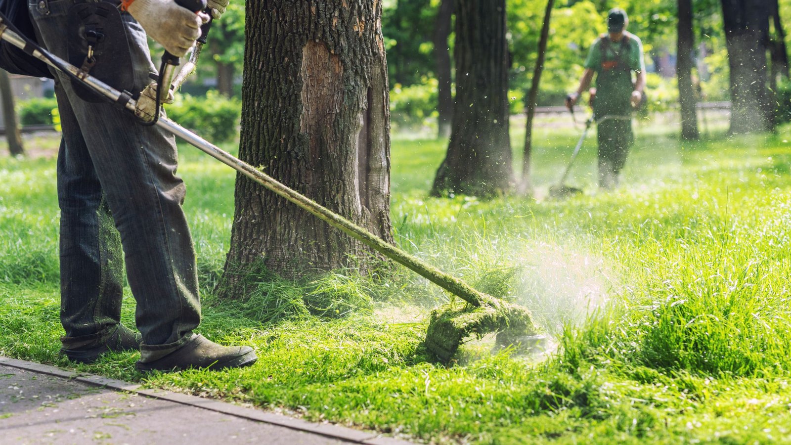 two landscaping professionals doing a full service lawn care