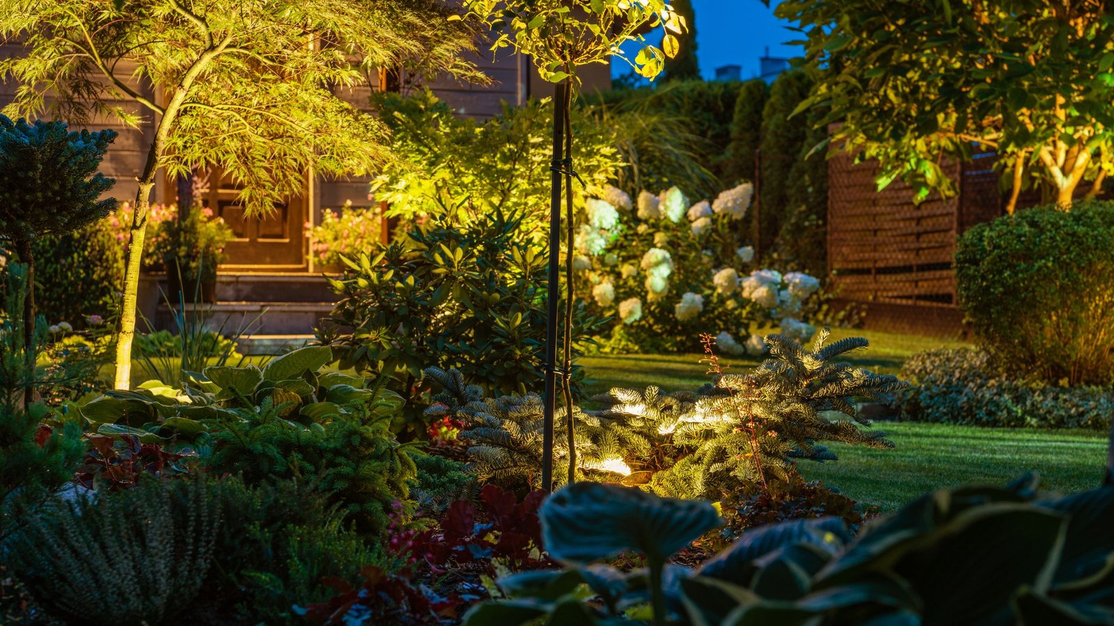 yellow lighting in the garden that brings life to the yard at night